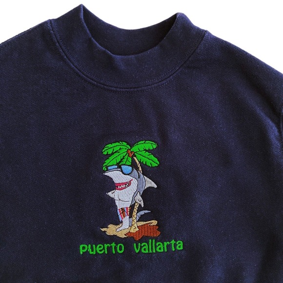 Vintage Puerto Vallarta Small Kids Sweatshirt Cool Shark Crewneck Navy Blue‎ NEW - Picture 2 of 9